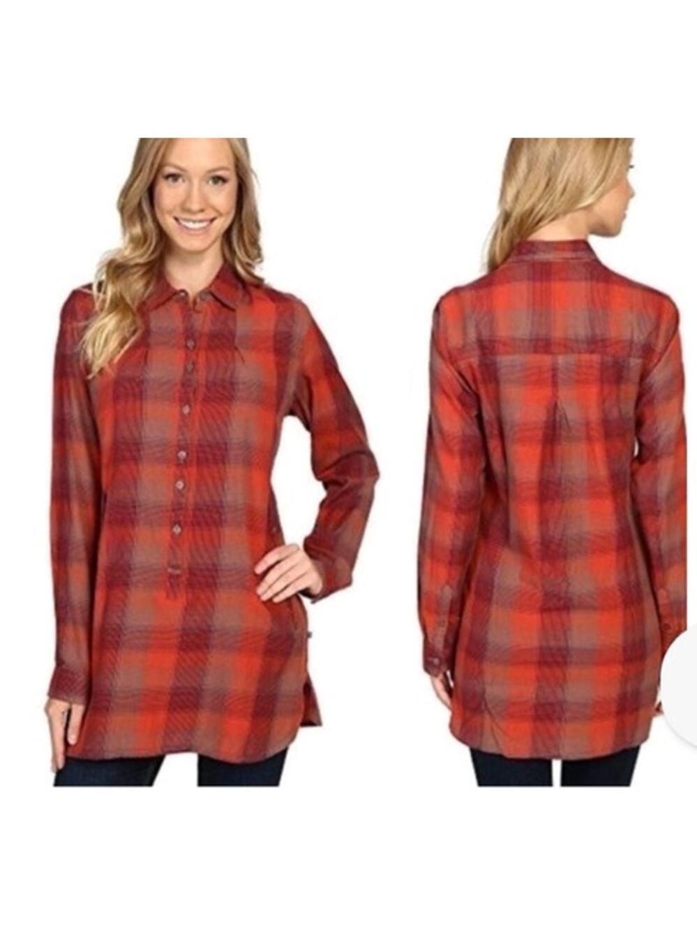 Toad & Co. Womens Orange Red Plaid Tunic Top Small Boho Lagenlook Organic Cotton